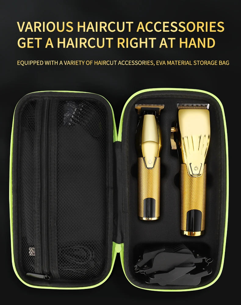 Gold electric hair trimmer set with two clippers and accessories in a black zip-up storage case with neon green trim.