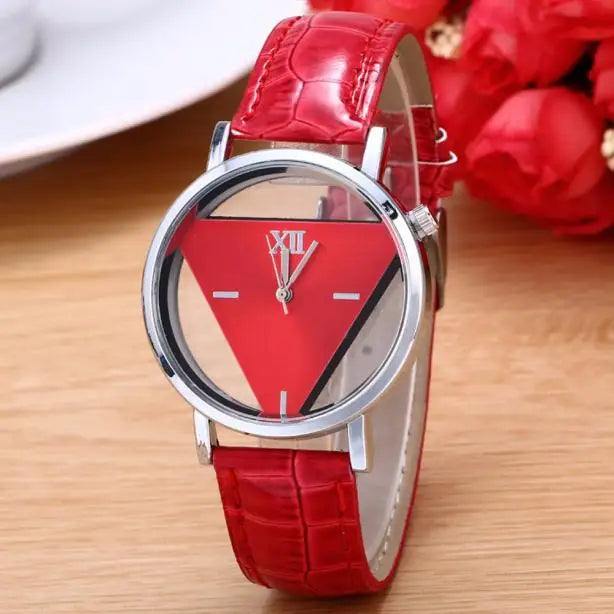 Women's watch with a red, textured leather strap, silver casing, and a unique red triangular dial design.
