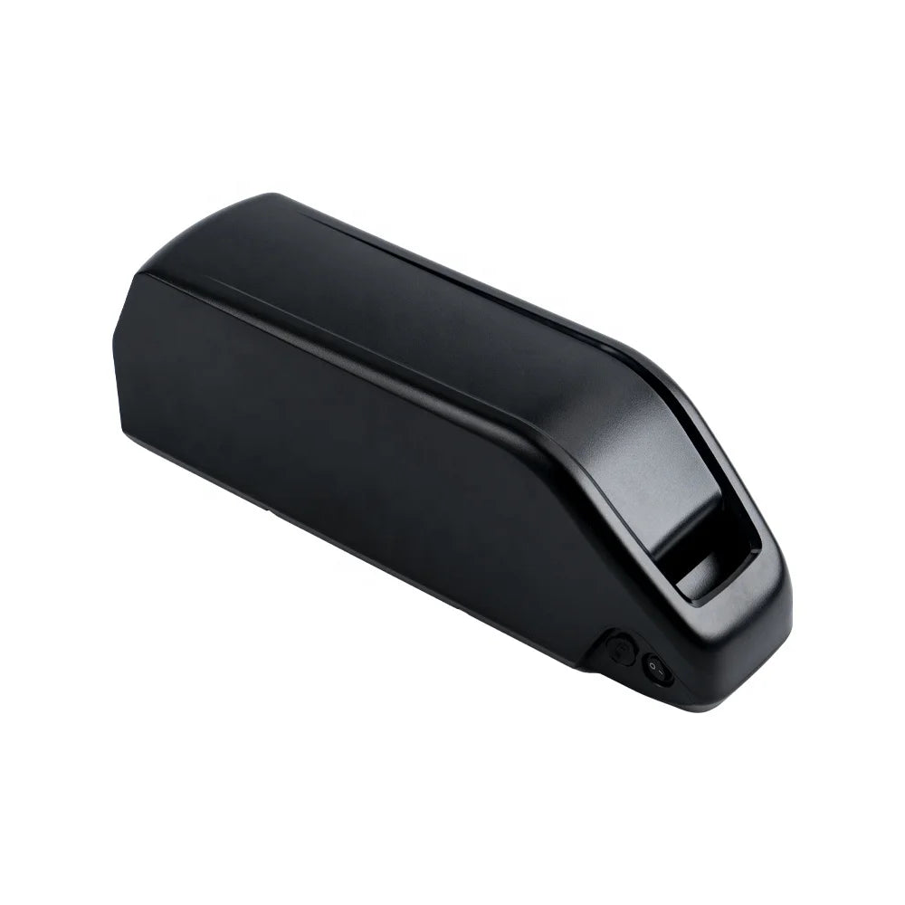 Black e-bike battery pack with a sleek, rectangular design, integrated carry handle, and side-mounted power switch.