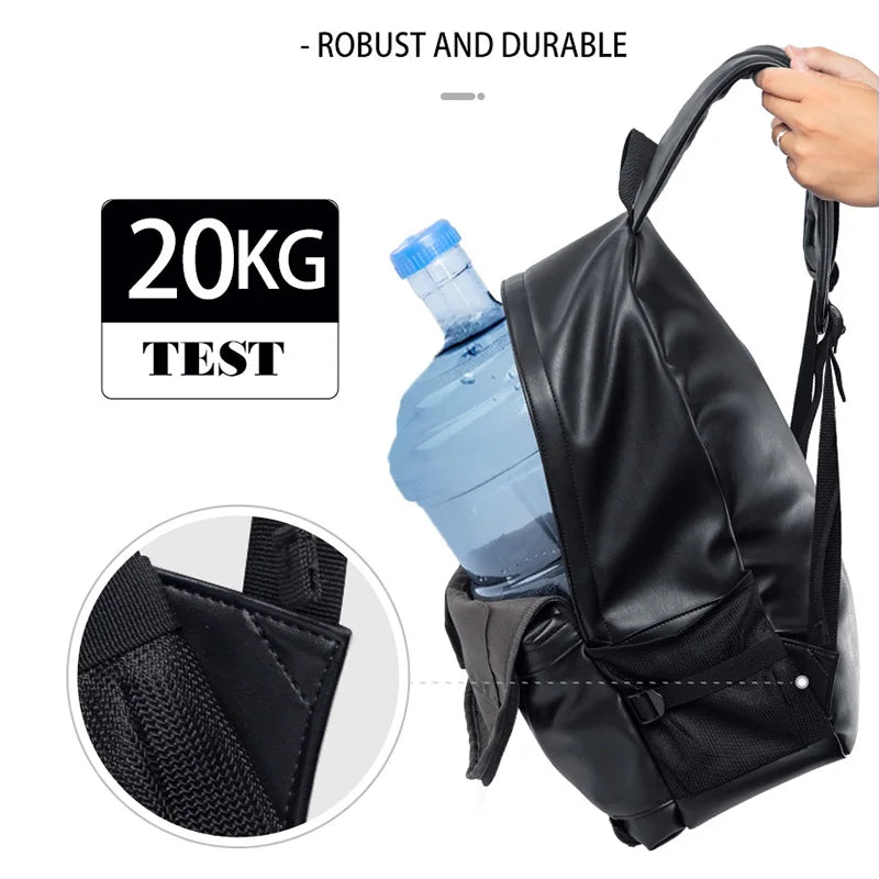 A black, professional PU leather laptop backpack being held, showing a 20kg weight capacity and durable construction.