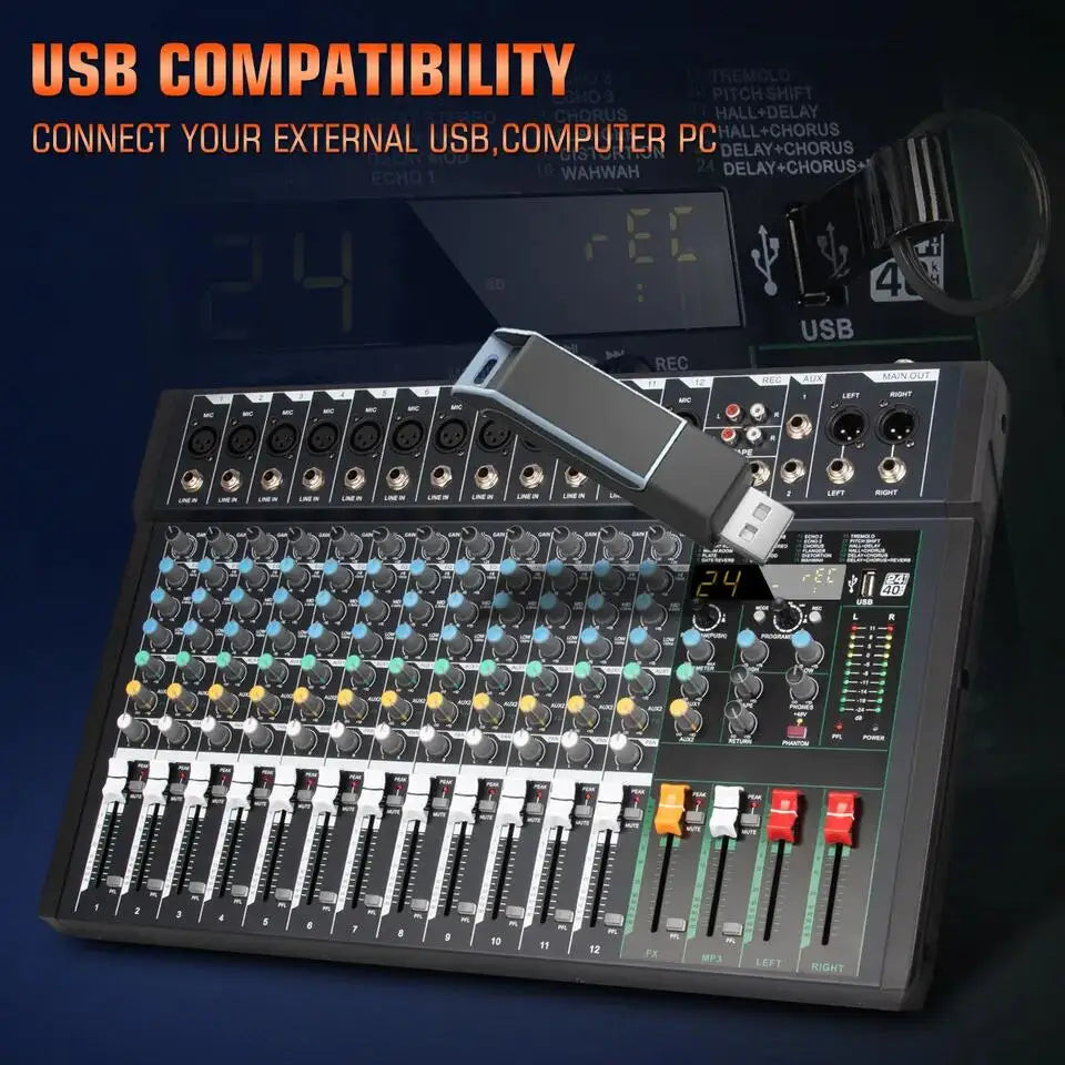 Professional 12-channel audio mixer in black with multi-coloured knobs, sliders, USB connectivity, and digital display.