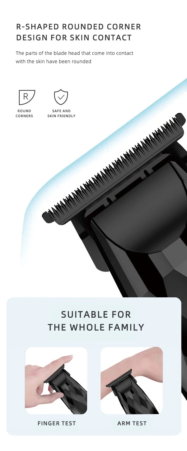 Black cordless T-blade hair trimmer with skin-friendly, rounded corners for safe and gentle grooming.