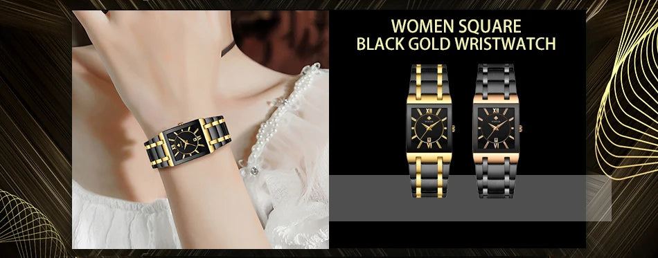 Women’s square wristwatch with a black face and a two-tone black and gold link bracelet.