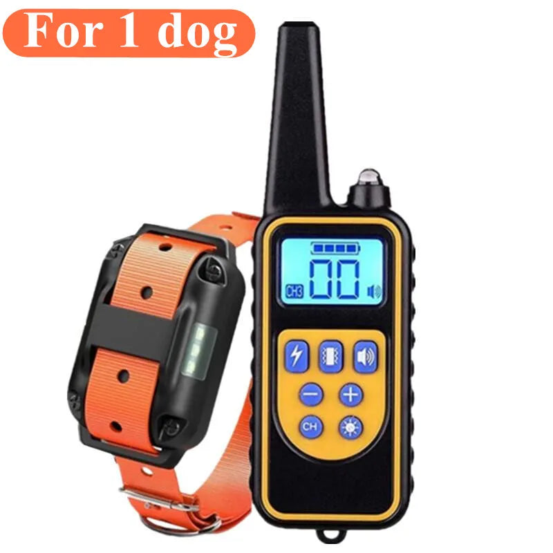 Orange dog training collar and black remote control with a blue backlit LCD screen and yellow button panel.