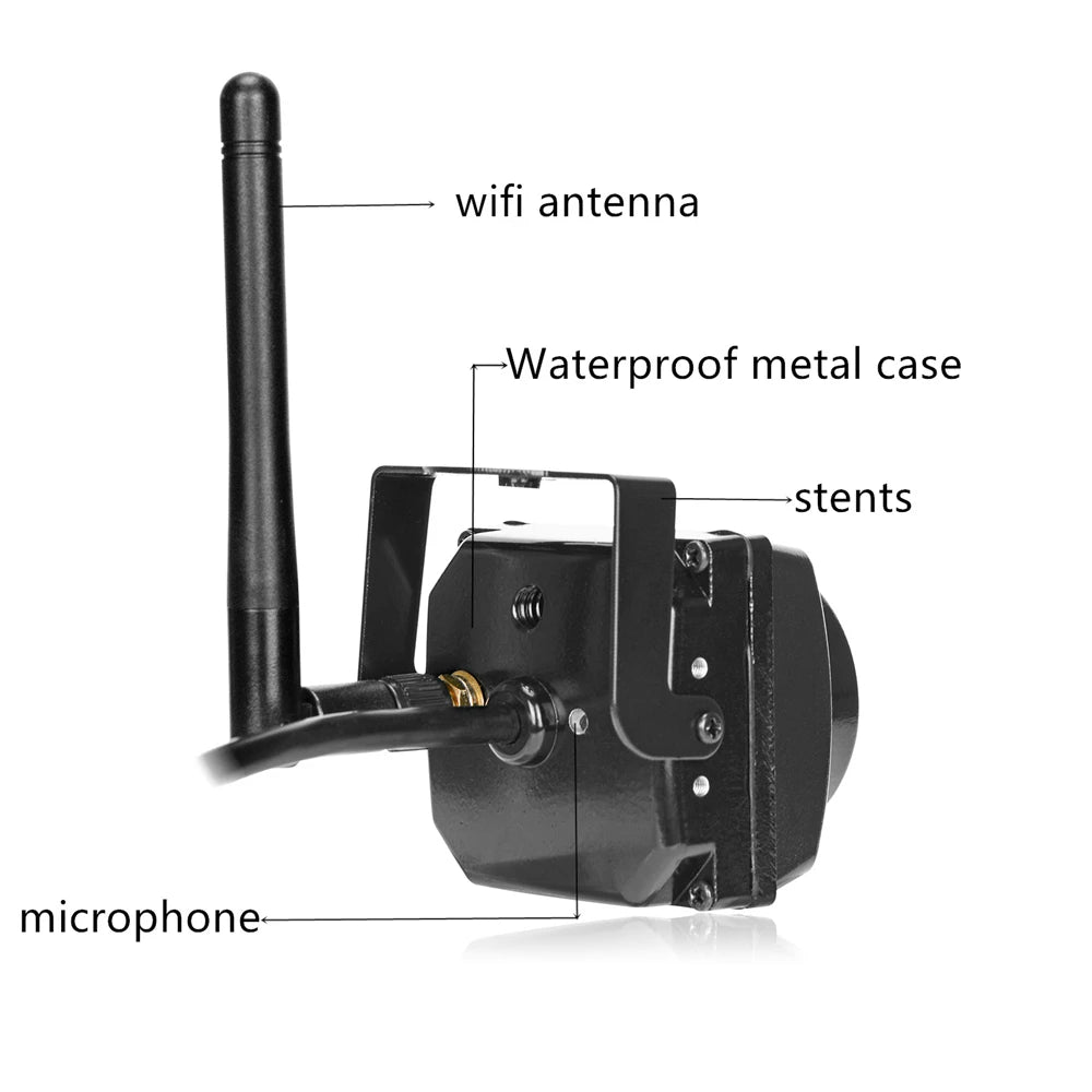 Black waterproof metal security camera with a mounting bracket, microphone, and external Wi-Fi antenna.