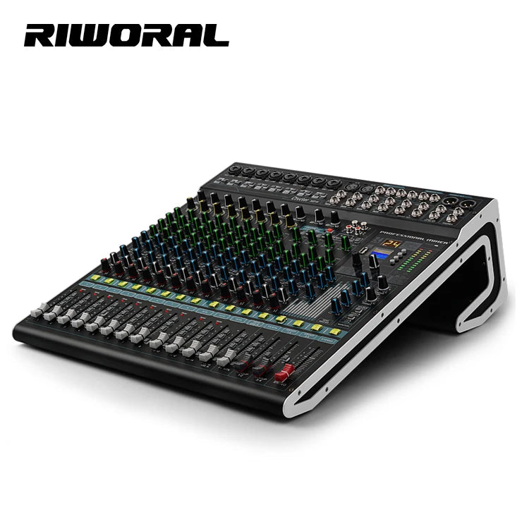 Professional 24-channel black digital audio mixer with multi-coloured knobs, channel faders and digital display.