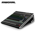 Professional 24-channel black digital audio mixer with multi-coloured knobs, channel faders and digital display.