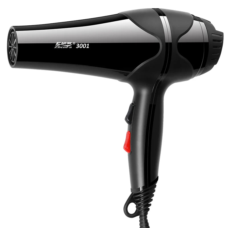 Professional glossy black ionic hair dryer with a cool shot button and ergonomic handle.