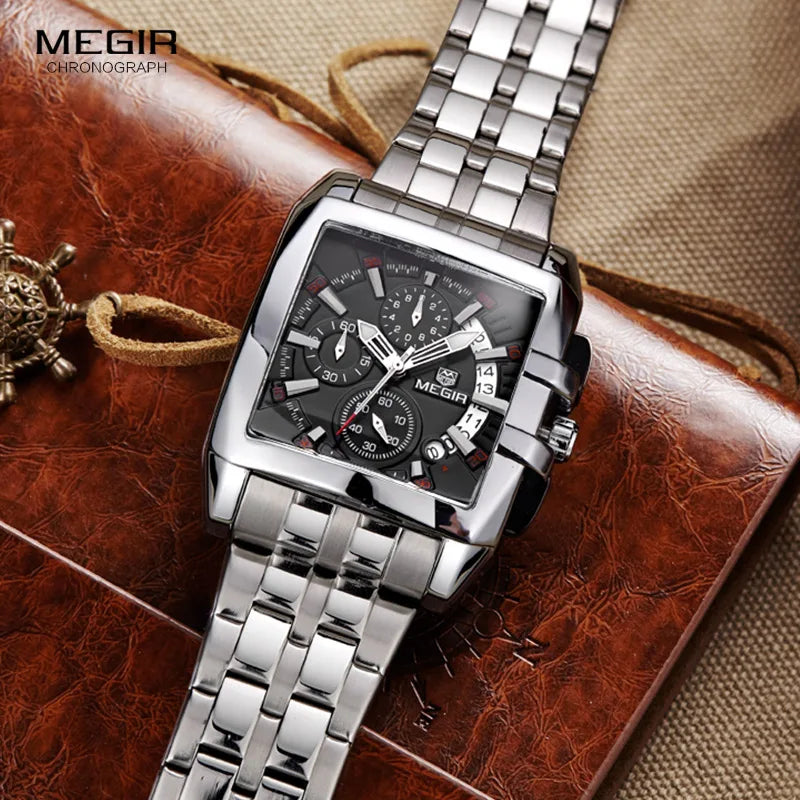 Men’s square-faced stainless steel chronograph watch with a black dial and matching polished link strap.