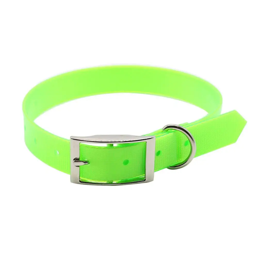 Bright neon green waterproof dog collar with a silver metal buckle and D-ring on a plain white background.