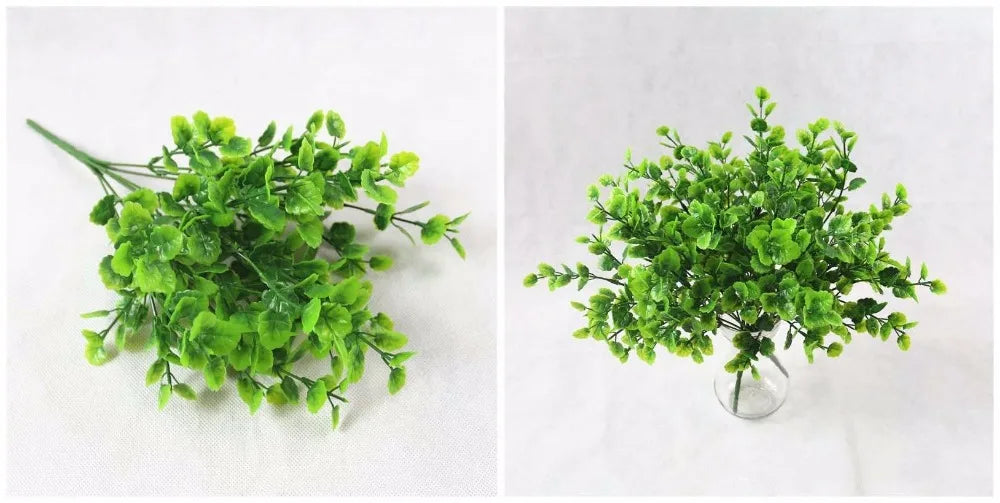 Two views of vibrant green artificial plant sprigs with small, rounded leaves against a plain white background.