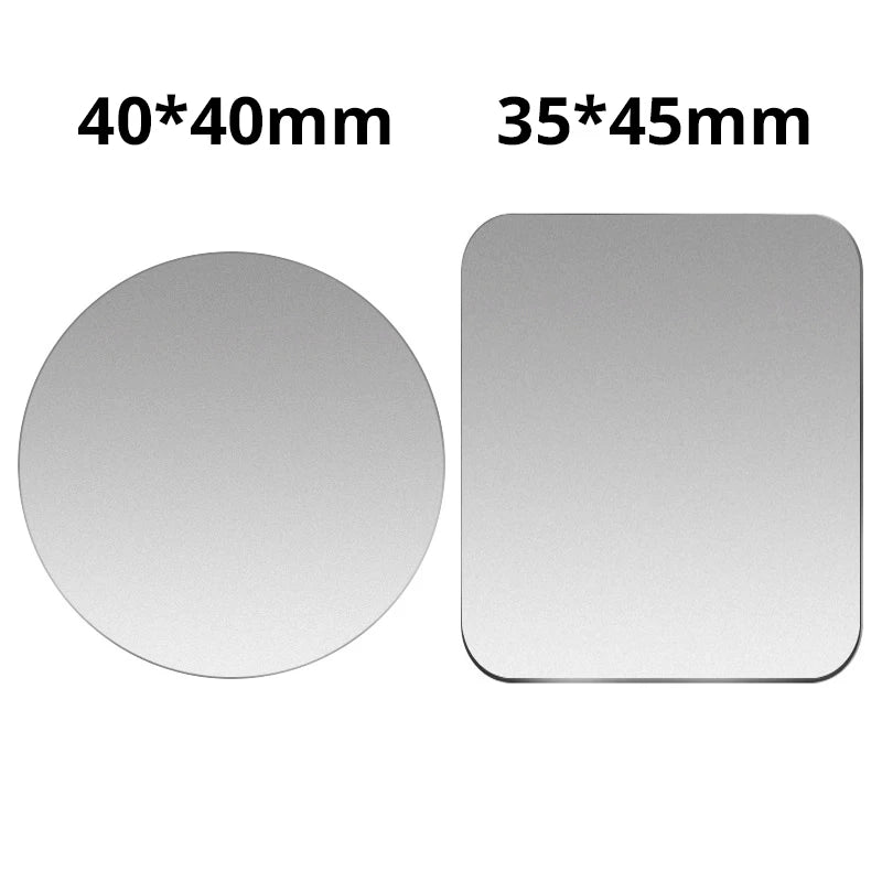 Silver metallic labels in circular and rounded-square shapes, displayed with their dimensions.