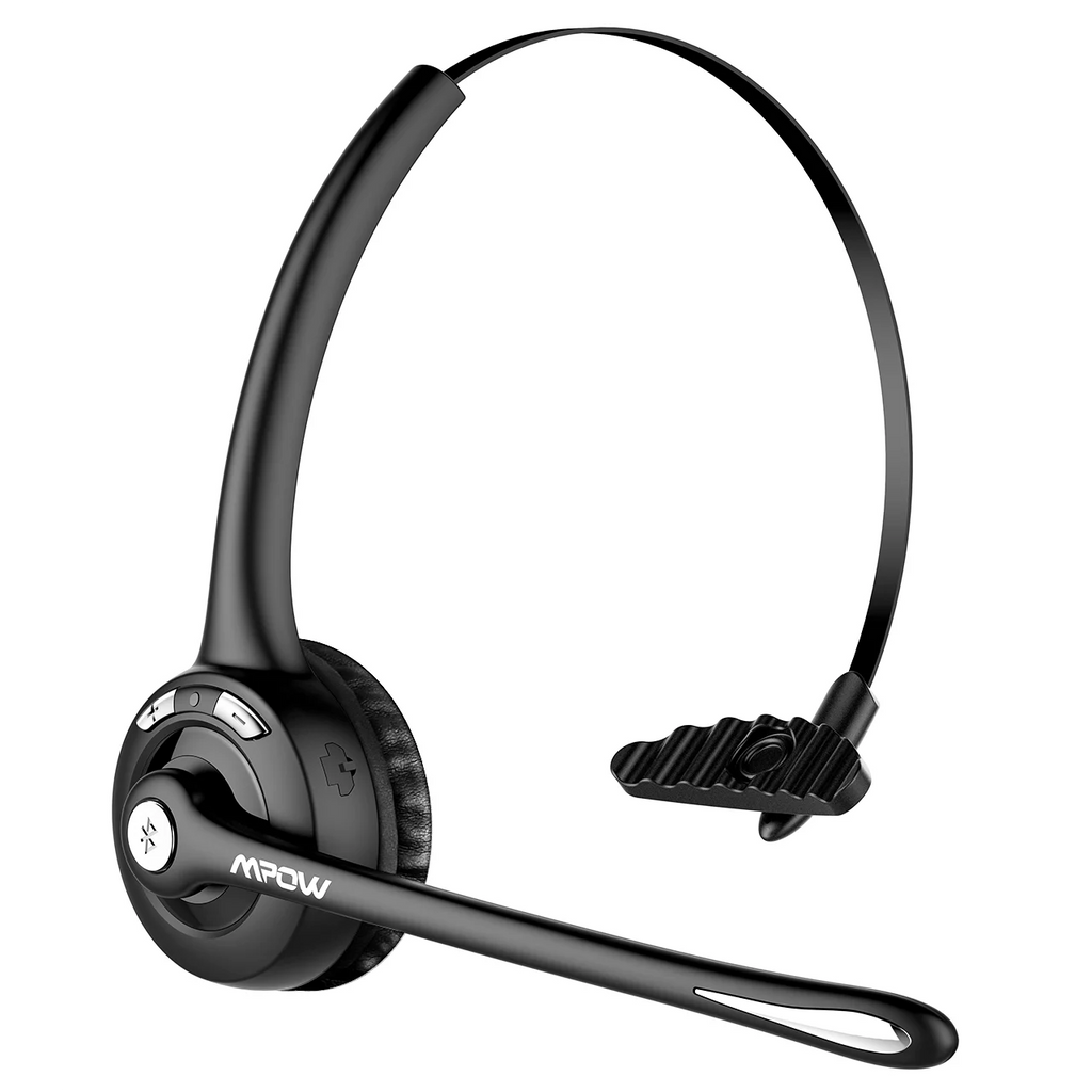 Black wireless Bluetooth office headset with a cushioned earpiece, adjustable microphone boom, and volume controls.