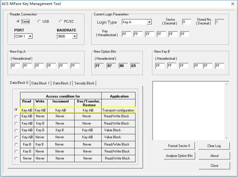 Gray user interface window for ACS MiFare Key Management Tool with input fields for keys, connection, and data blocks.