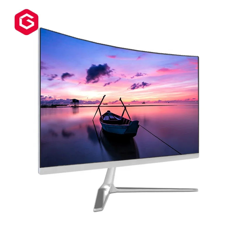 Sleek 23.8-inch silver all-in-one desktop with a slim-bezel curved screen on a minimalist metal stand.