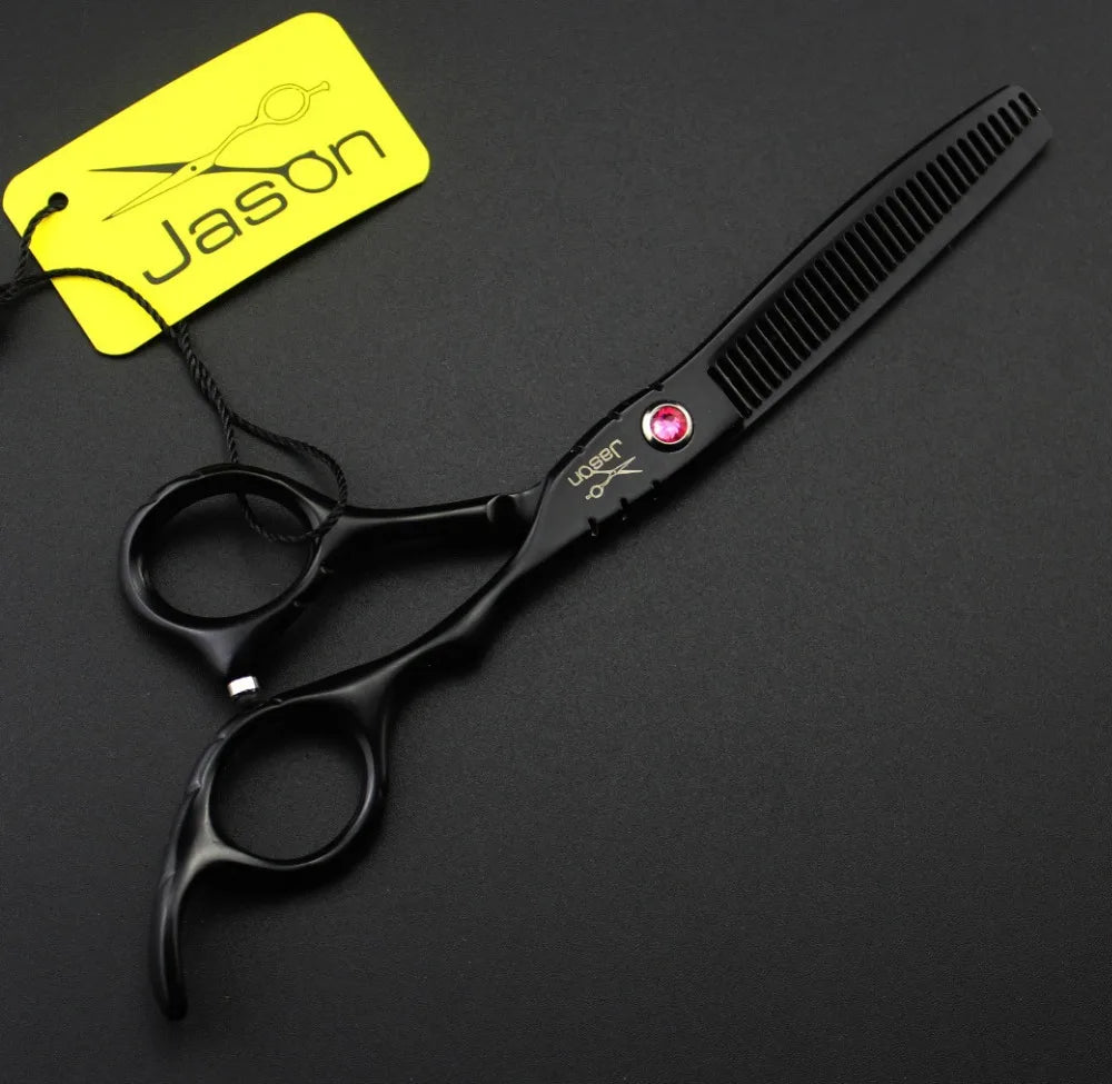 Professional 5.5" black hair thinning scissors with a pink gemstone screw and ergonomic finger rest.
