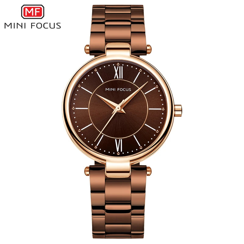 MINI FOCUS coffee brown women's quartz watch with a round dial, rose gold case, and stainless steel strap.