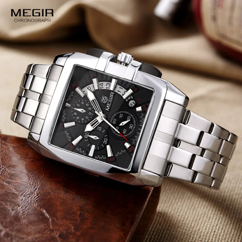 Men's stainless steel square-cased quartz chronograph watch with a black dial and silver bracelet strap.