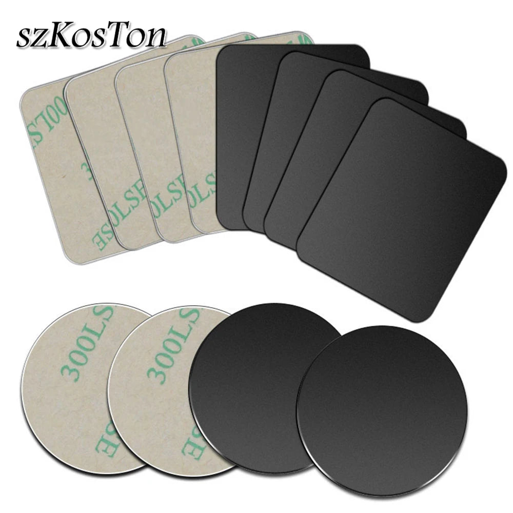 A set of black adhesive pads in rectangular and circular shapes with light-colored adhesive backings.