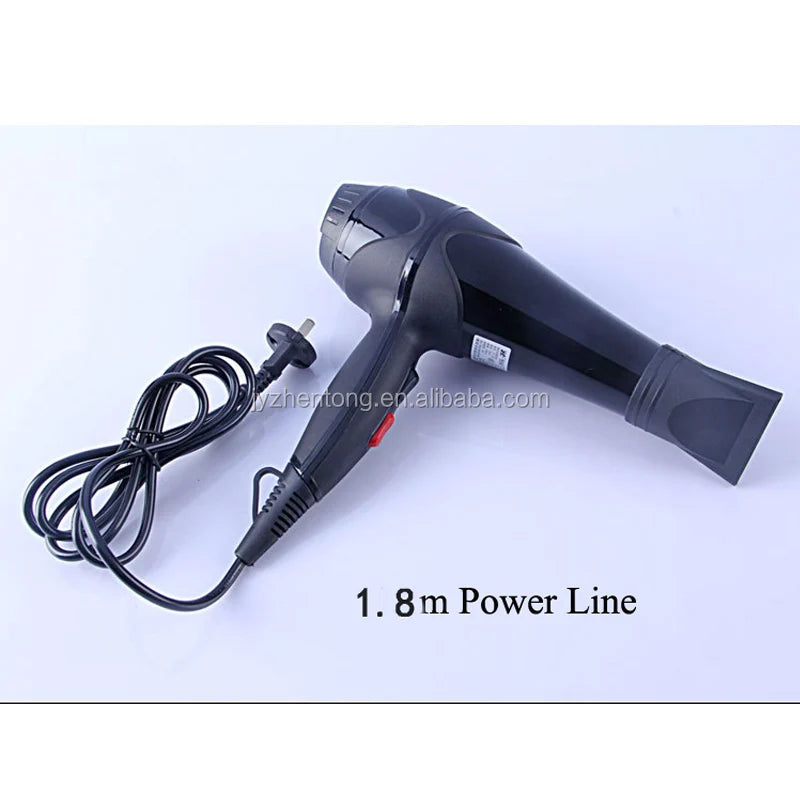 Professional black ionic hair dryer with a concentrator nozzle, red switch and a 1.8m power cord on a white background.