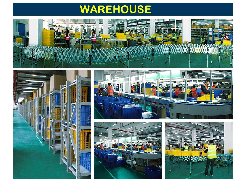 A collage showing a busy warehouse with staff packing products, industrial shelving units, and automated conveyor belts.