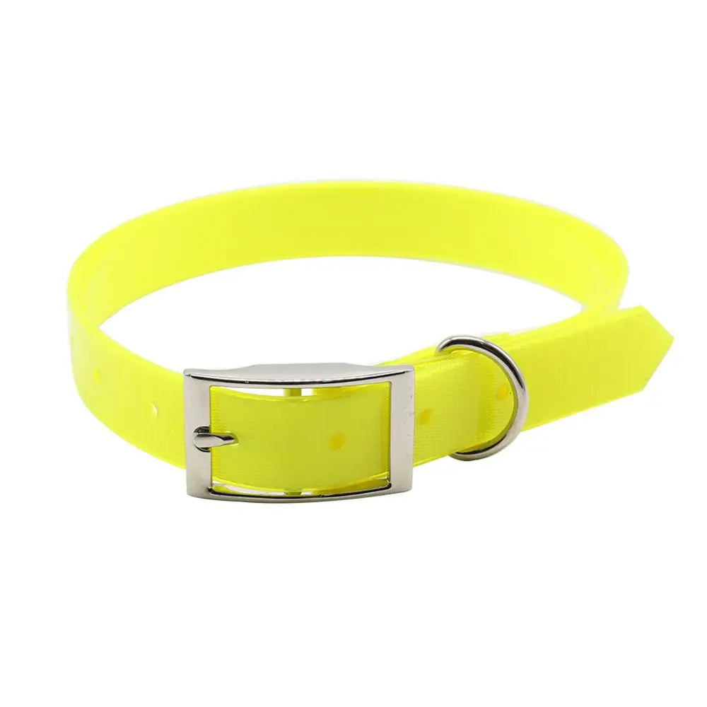 Bright yellow waterproof dog collar with a silver-tone buckle and D-ring, isolated on a white background.