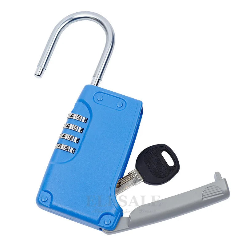Blue plastic combination padlock with a silver metal shackle, four number dials, and a key for emergency access.