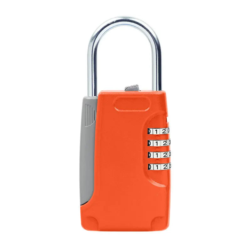 Orange and grey plastic padlock with a silver metal shackle and a four-digit combination dial.