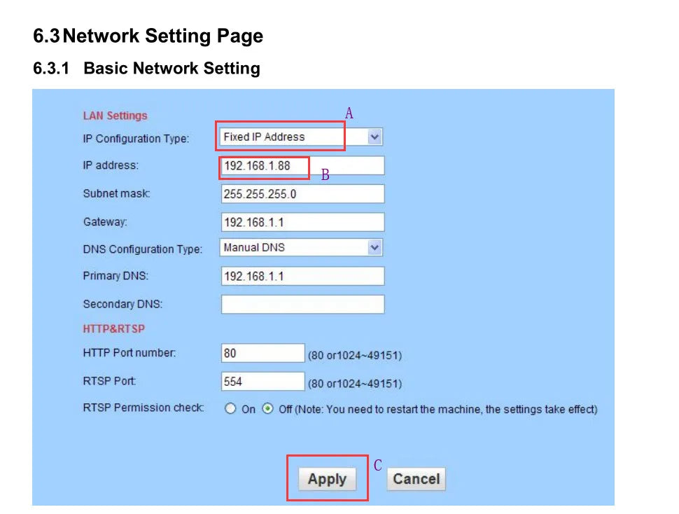Network setting page showing LAN configuration with IP address, subnet mask, gateway, DNS, and port fields.