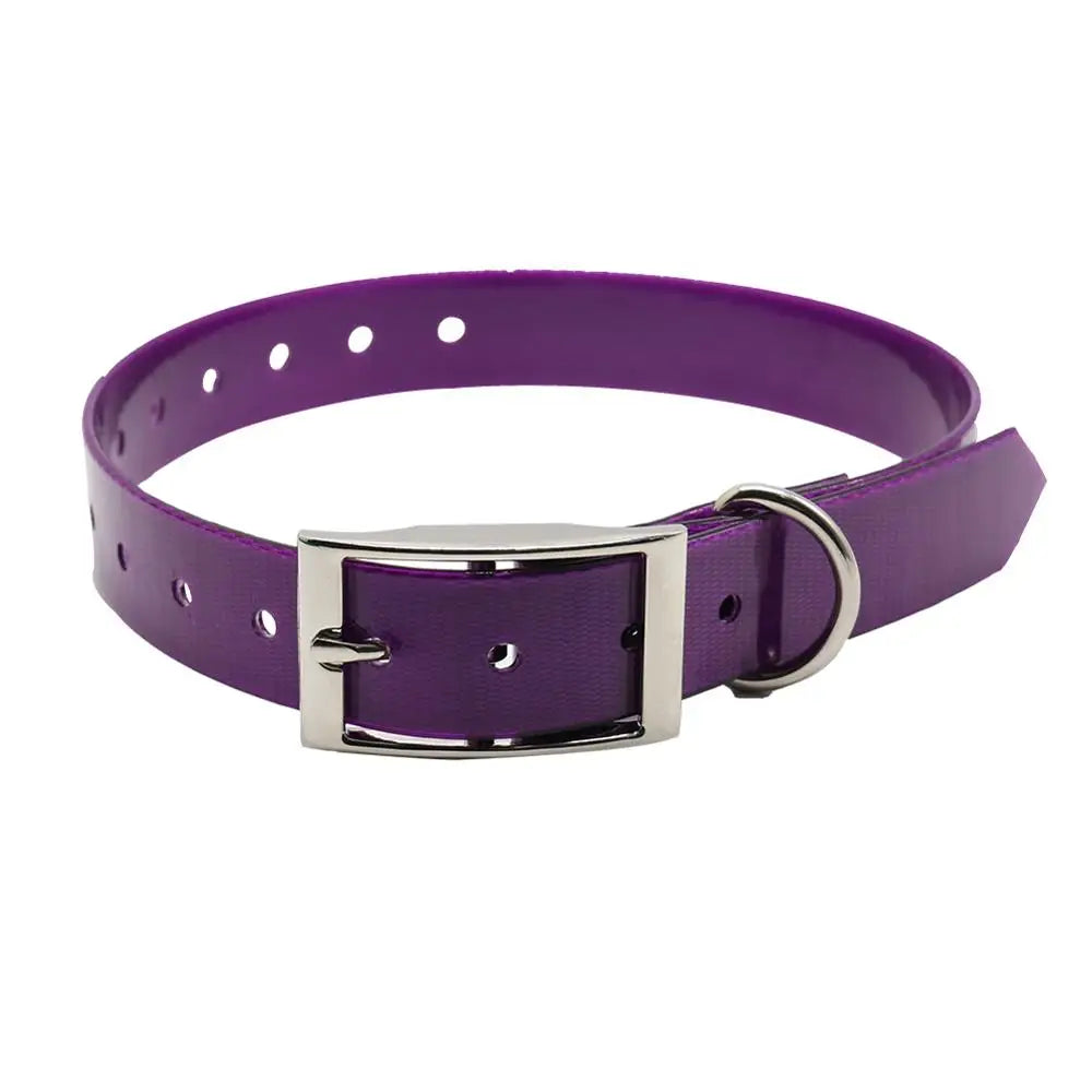 Purple waterproof dog collar with a silver buckle and D-ring, featuring a durable, reflective finish.