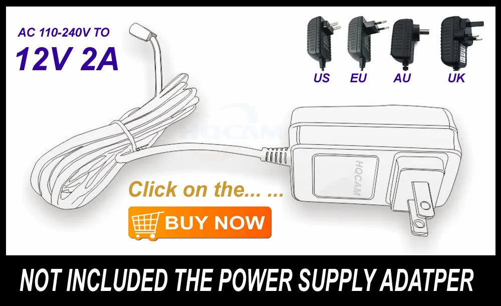 Black 12V 2A AC to DC power adapter with a cord and four interchangeable plug types (US, EU, AU, UK).