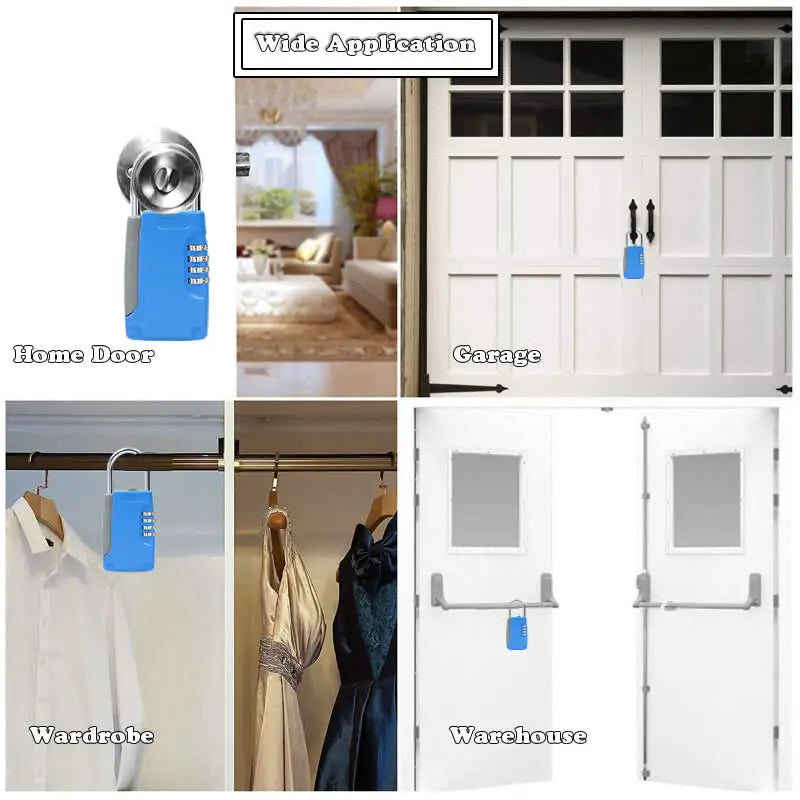 Blue metal combination padlock with a steel shackle, shown in various settings including home, garage, and warehouse.
