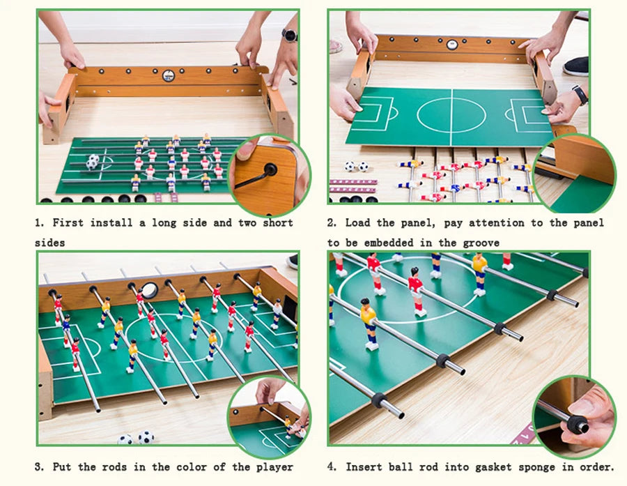Four-step assembly guide for a wooden-finish tabletop foosball table with green pitch and colourful player figures.
