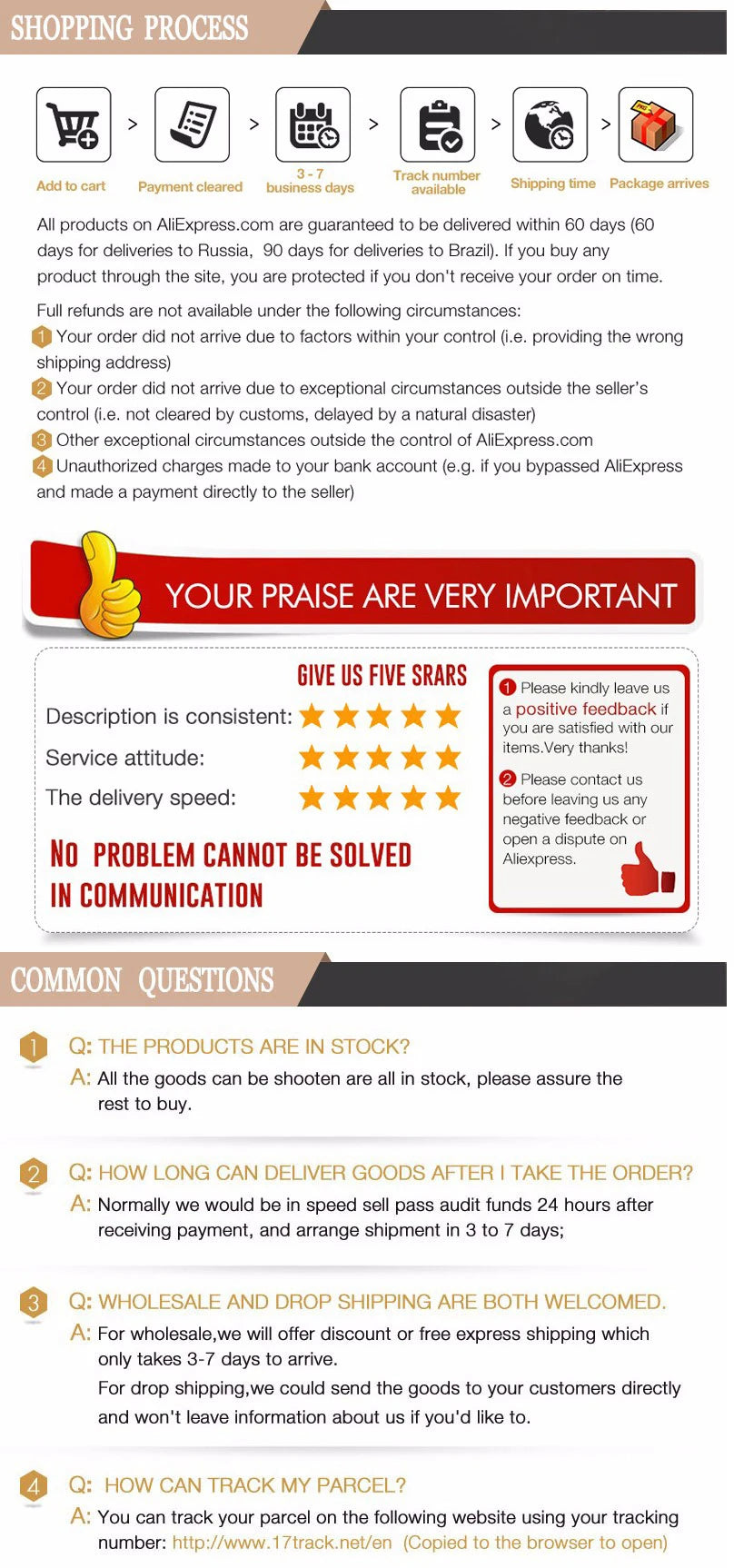 Infographic showing AliExpress shopping, shipping, and feedback policies with icons, text, and five-star rating graphics.