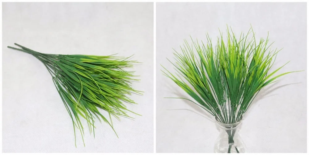 Artificial plastic grass bundles with bright green pointed blades, shown lying flat and standing in a clear glass vase.