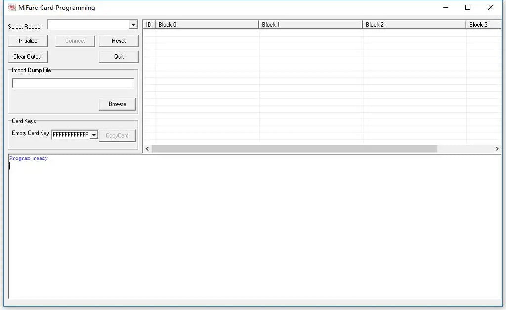 Gray computer software interface window for MiFare Card Programming with control buttons and data table.