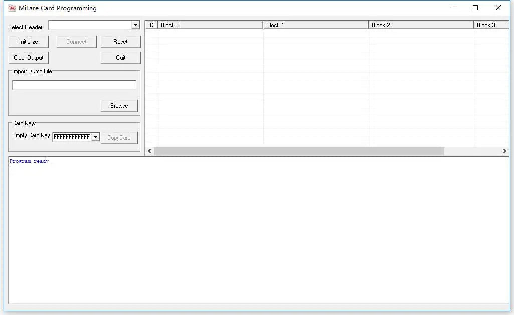 Gray computer software interface window for MiFare Card Programming with control buttons and data table.