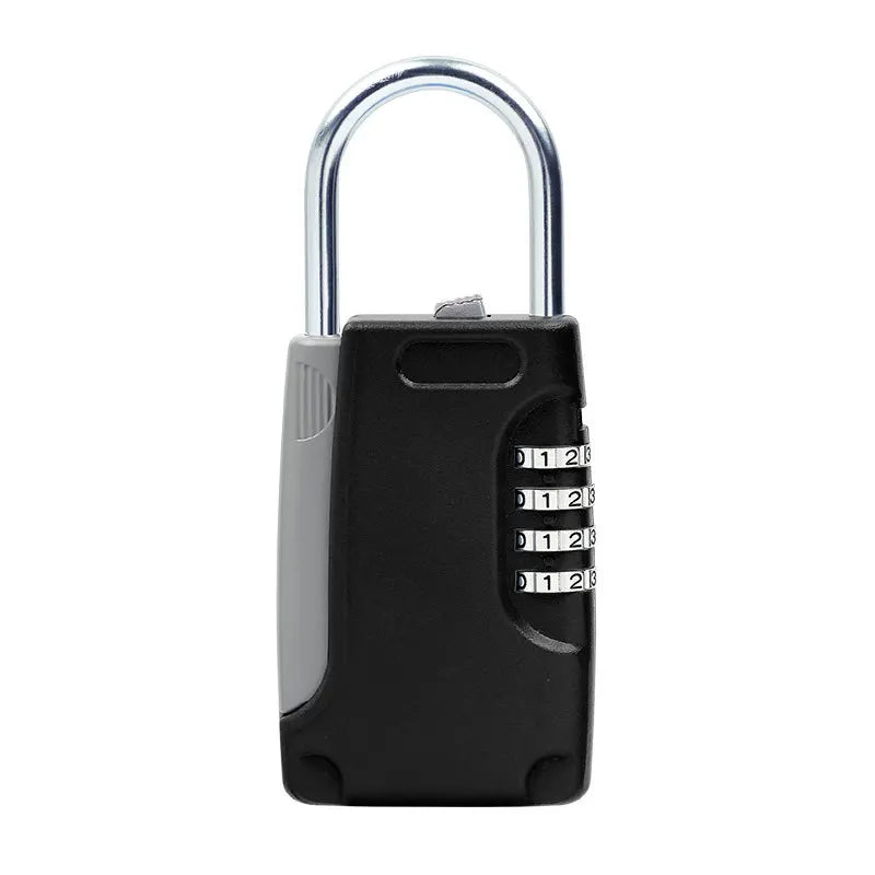 Black and grey plastic combination padlock with a chrome shackle and four-digit number dials.