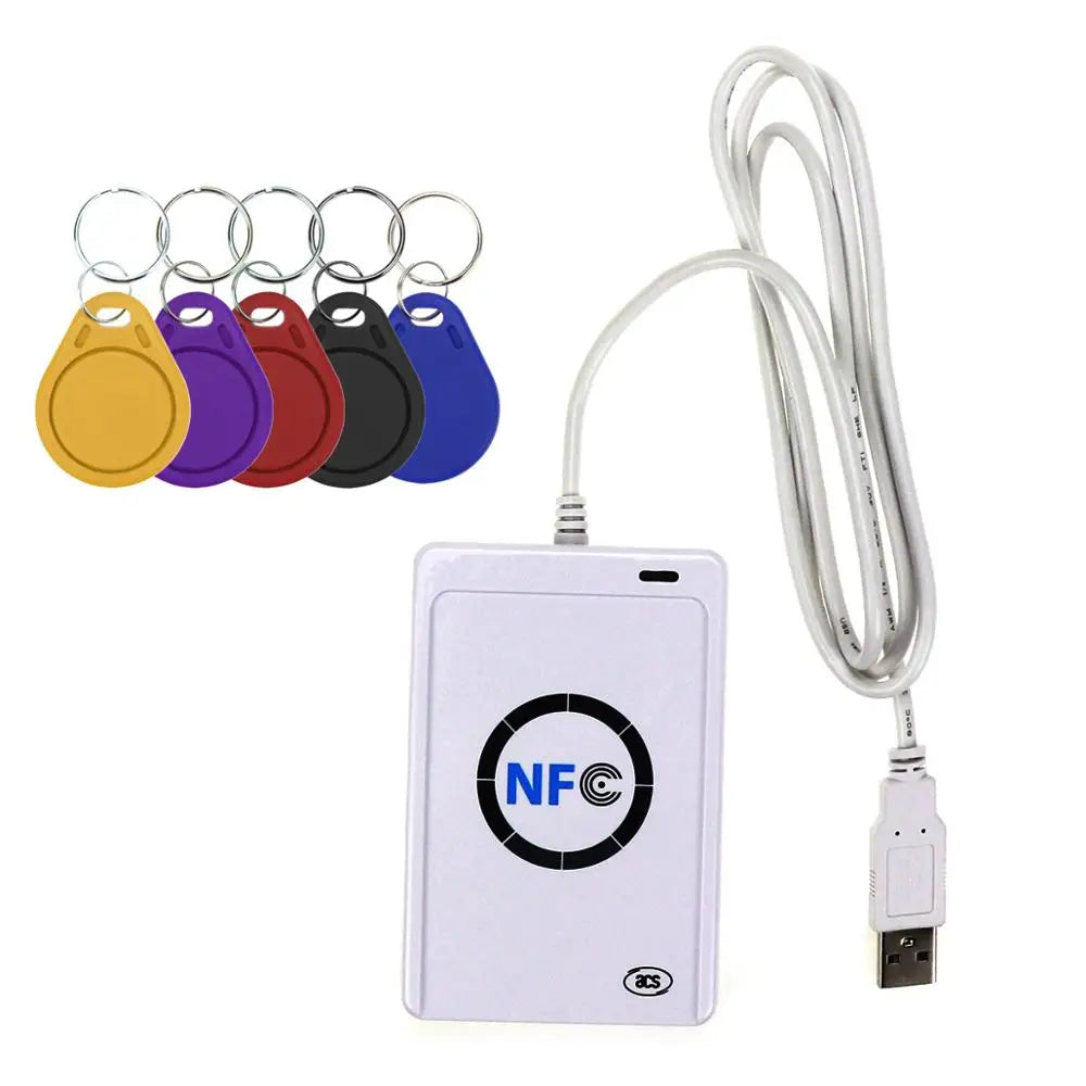 White plastic USB NFC reader with attached cable and five multi-colored plastic key fob tags on metal rings.