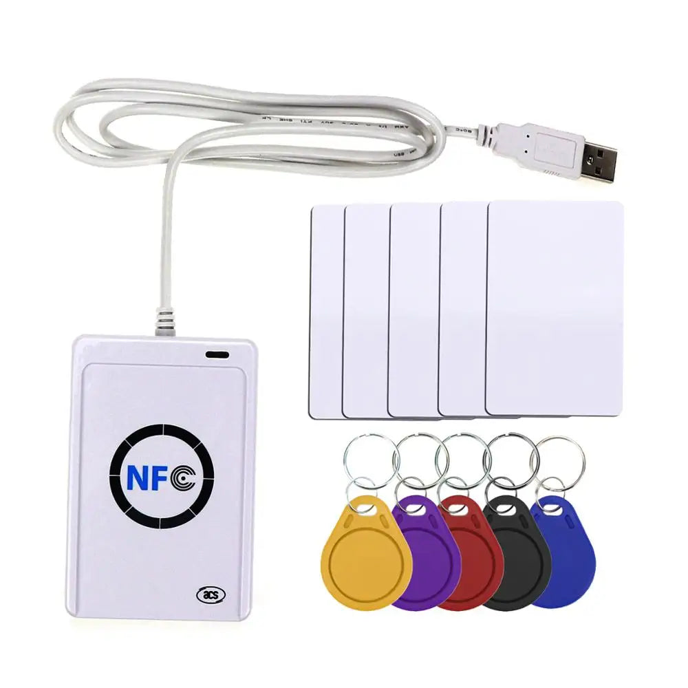 White USB NFC card reader, five white blank plastic cards, and five colorful key fobs on a white background.