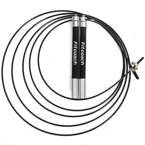 Black speed jump rope with coiled stainless steel cable and silver metal handles featuring "Fitcoach" text.