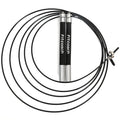 Black speed jump rope with coiled stainless steel cable and silver metal handles featuring "Fitcoach" text.