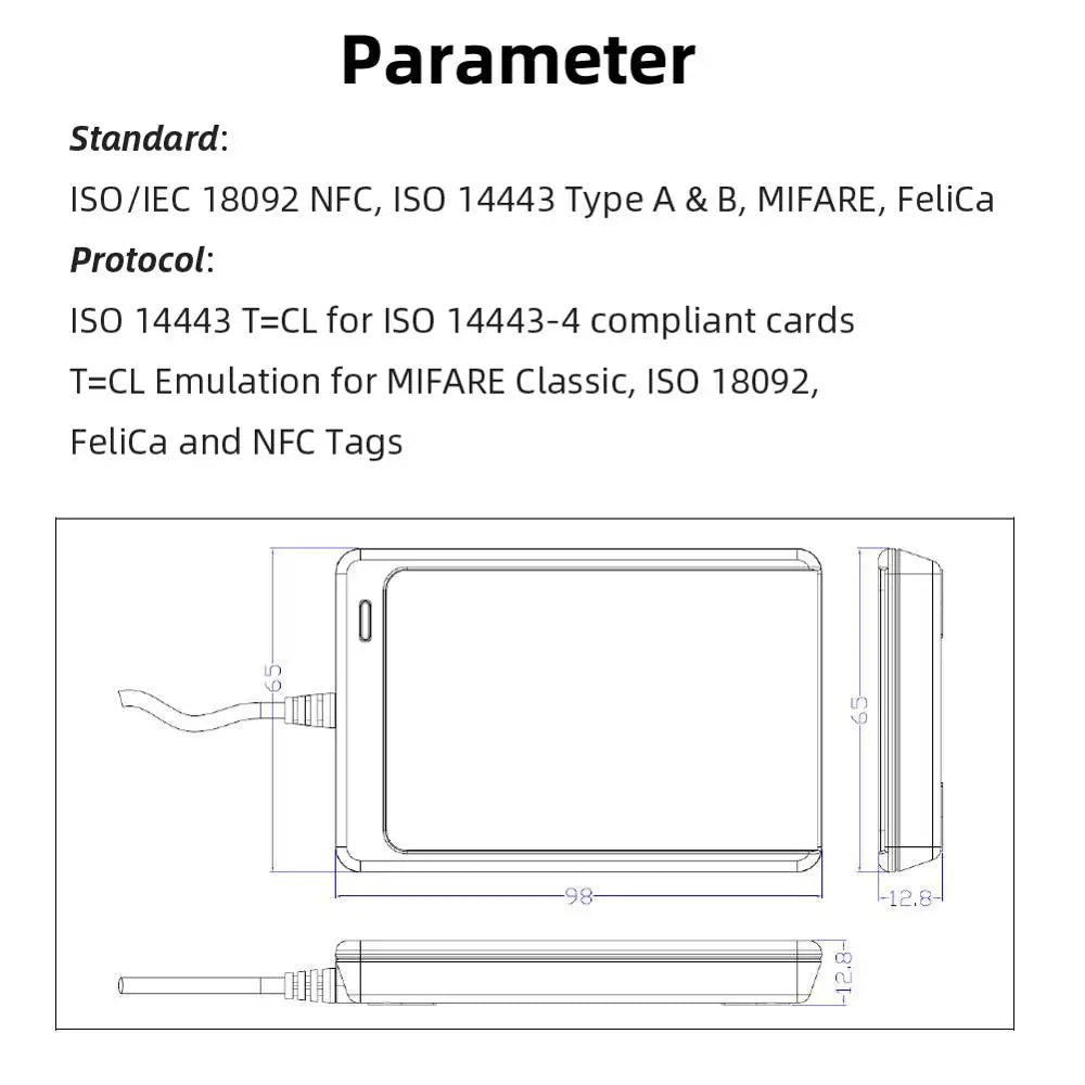 Technical drawing of a rectangular black NFC card reader with a wired cable and measurement dimensions.