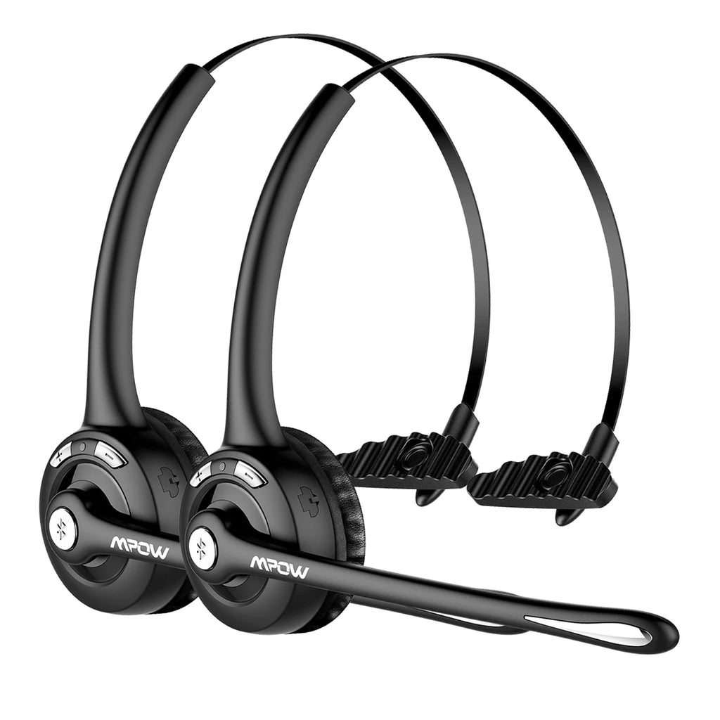 Sleek, black wireless office headset with a microphone boom arm, overhead band and integrated volume controls.