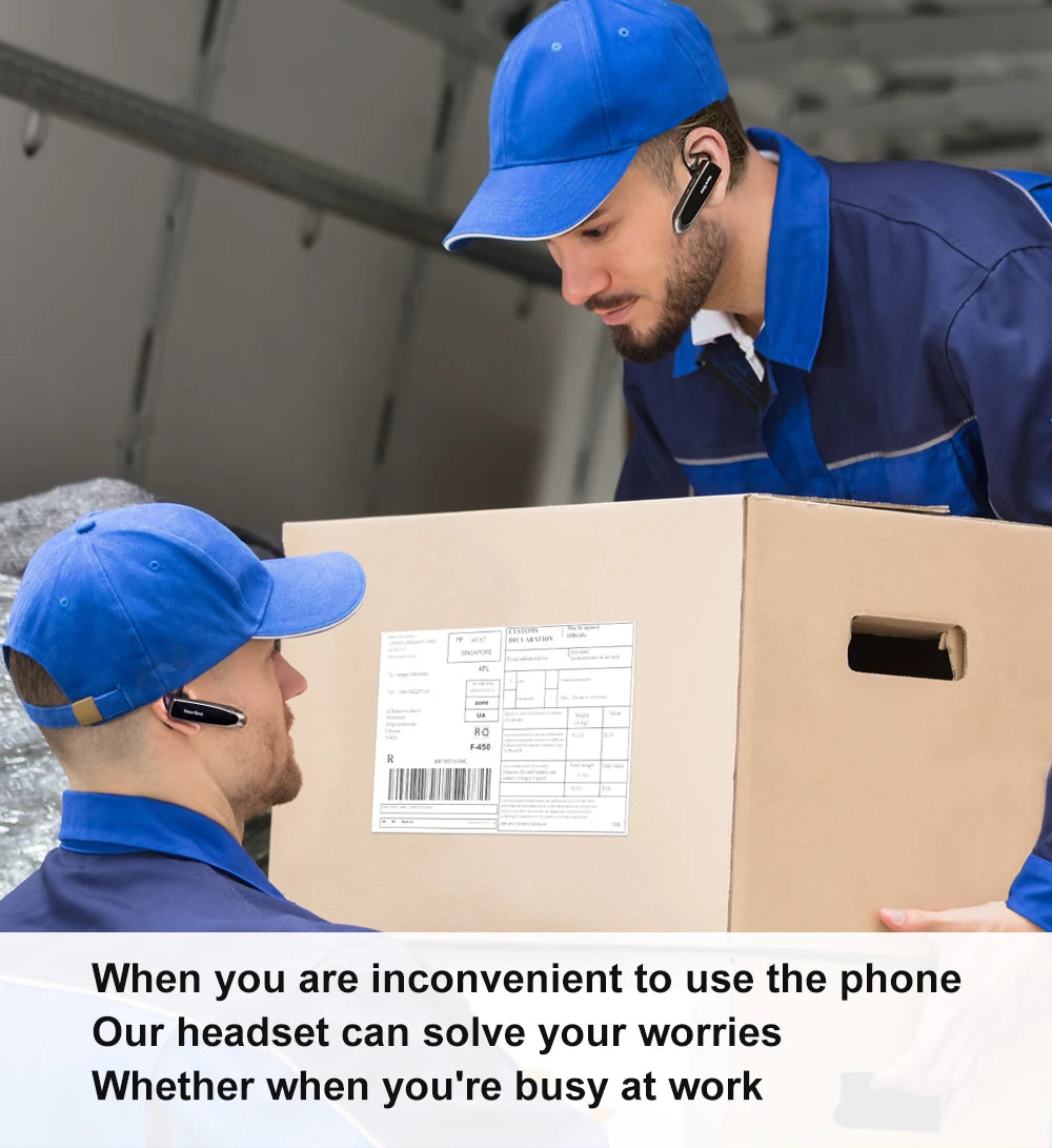 Two delivery workers in blue uniforms wearing a sleek black wireless Bluetooth business headset while working.