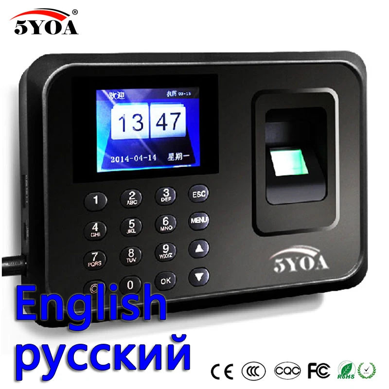 Black plastic biometric fingerprint time attendance machine with a digital display, numeric keypad, and light sensor.