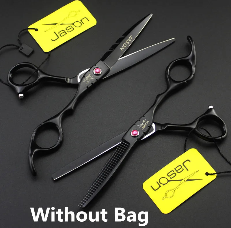 Two professional black salon hairdressing scissors with pink screw detailing, one cutting and one thinning pair.