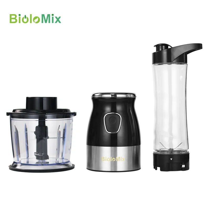 Compact blender set with a black motor base, clear food processor bowl, and a tall portable smoothie cup.