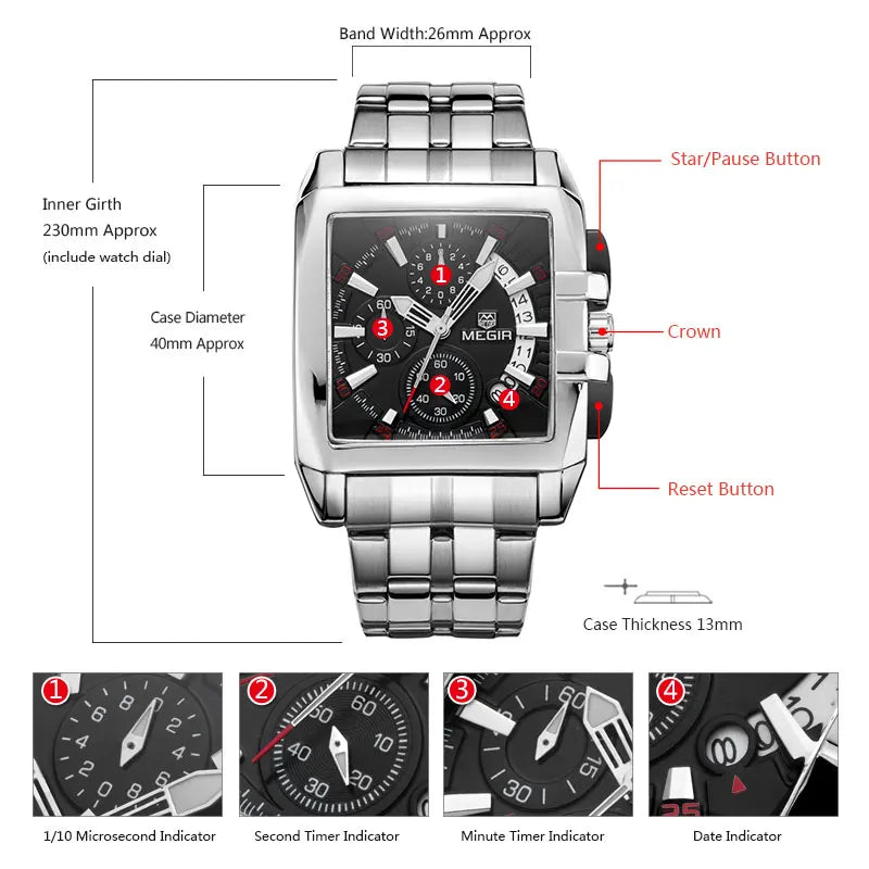 Men's stainless steel square-case chronograph watch with a black dial, sub-dials, and date window.