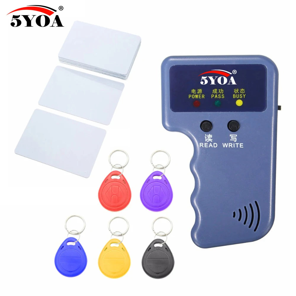 Blue plastic RFID reader with read/write buttons, three white blank cards, and five colored RFID key fobs.